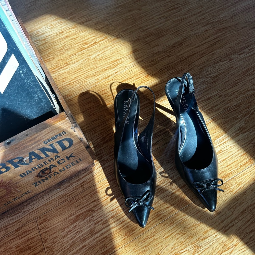 Ralph Lauren Leather Bow Sling Back Kitten Heels - Picture 4 of 12